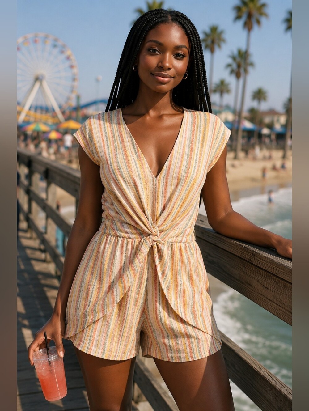BCBG Max Azria M Striped Tie-Front Romper Boho Chic Summer